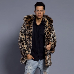 Men's leopard print faux fur hooded coat with thick warm texture in a stylish mid-length cut