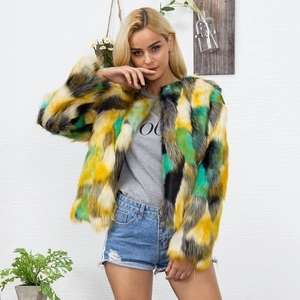 Short faux fur jacket for women with colorful geometric faux fur patterns and long sleeves