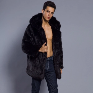 Men's black faux fur hooded coat with thick texture and oversized fit for winter