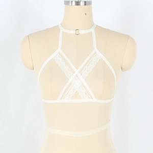 Detailed close-up of white lace elastic lingerie choker with sexy cross strap design
