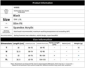 Detailed size guide table for sexy black elastic strap lingerie top in S M L XL