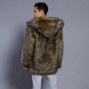 Men's faux fur hooded coat in brown mix with long hair texture and mid-length fit