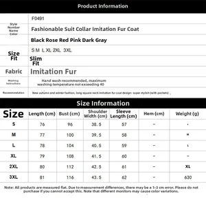 Size chart table for women's long faux fur coat showing S to 3XL dimensions in centimeters