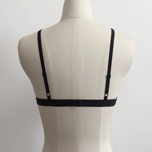 Back view of black floral embroidered mesh bra with adjustable straps for women