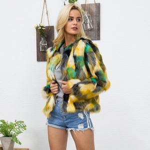 Women's faux fur jacket featuring a vibrant colorful gradient plaid pattern in yellow and green