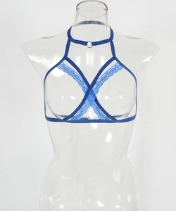 Detail of royal blue lace bralette featuring a choker neck and silver metal ring connector