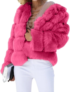 Detail of rose pink faux fur jacket showing plush layered texture and round neck design