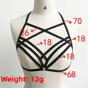 Detailed view of black elastic cage bra body chain with metal ring and size markings