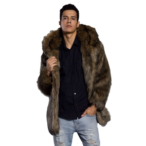 Men's stylish brown faux fur hooded coat mid-length winter warm jacket with plush texture