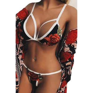 Sexy black lingerie set with red rose embroidery and matching kimono robe for women