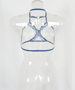 Detailed back view of royal blue lace lingerie with criss-cross elastic straps and metal rings