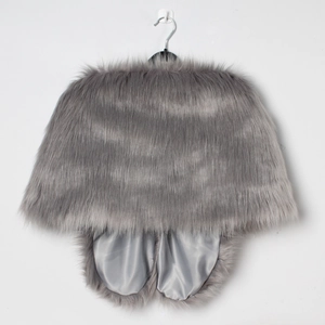 Detail showing plush grey faux fur texture and smooth satin lining of the fashion shawl