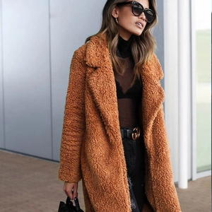 Chic women's brown faux fur teddy coat with wide lapels and long sleeves in casual style