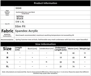 Size chart showing S-XL dimensions for lace mesh panties in black and white colors