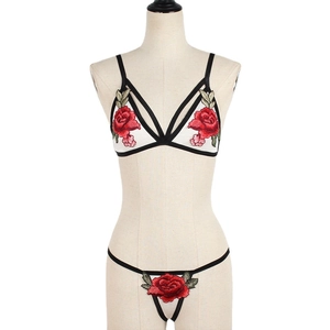 Sexy white mesh lingerie set with red rose embroidery and black trim on a mannequin