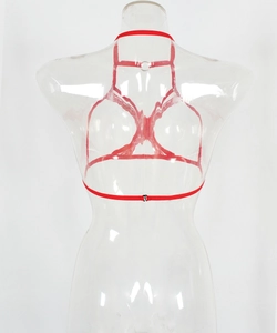 Detail view of sexy red lace elastic lingerie with harness straps on a mannequin