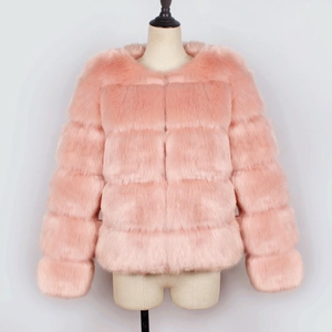Detailed macro view of pink faux fur jacket texture with horizontal stripe stitching