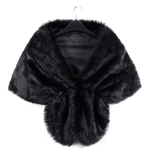 Luxurious black faux fur shawl in fluffy long plush material displayed on a hanger