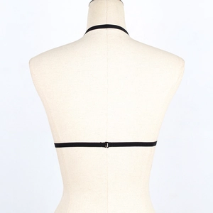 Detailed back view of a black lace elastic body harness with a metal hook closure