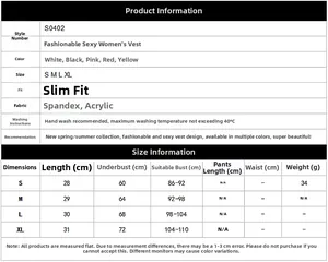Guide des tailles pour débardeur sexy femme avec mesures du S au XL en cm