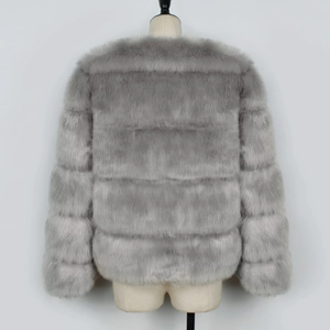 Close-up of gray faux fur jacket showing striped texture and soft plush fibers