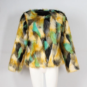 Close-up of multicolored geometric faux fur jacket with vibrant yellow and green patches