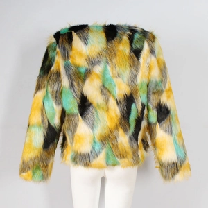 Back view of colorful faux fur short jacket showing vibrant patchwork pattern on mannequin