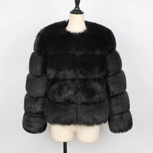Detail of black faux fur jacket showing horizontal striped texture and plush round neck