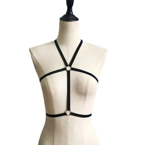 Elastic black body harness with silver metal rings featuring cross strap hollow design