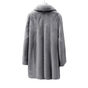 Back view of a grey faux fur coat with a large lapel collar and mid-length straight cut
