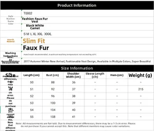Detailed size chart for women's faux fox fur vest showing S to 3XL measurements