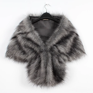 Fashionable grey faux fox fur shawl with black gradient texture and silk lining