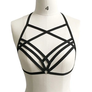 Sexy black elastic harness bra with geometric straps and silver O-ring for women