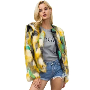 Women's faux fur short jacket featuring a vibrant colorful patchwork geometric pattern