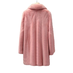 Rear view of a mid-length pink faux fur coat with a soft texture and stand collar
