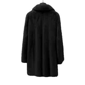 Rear view of a black mid-length faux fur coat with thick glossy texture and simple tailoring