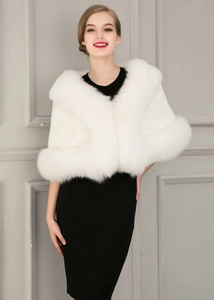Detailed view of luxury white faux fur bridal shawl with elegant wide collar wrap