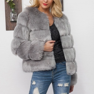 Women's Fashion Faux Fur Jacket Horizontal Paneled Round Neck Long Sleeve Short Coat Autumn Winter Warm Outerwear