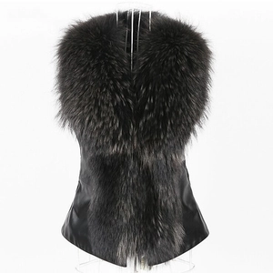Slim fit black faux fur vest with premium collar and leather patchwork detail
