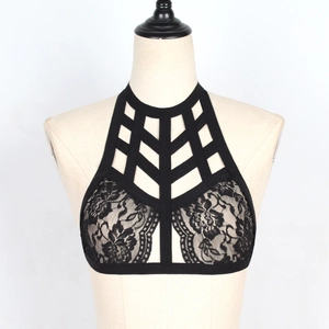 Bralette licou en dentelle noire sexy avec brides géométriques et motifs floraux