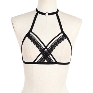 Sexy black lace harness lingerie with floral patterns and silver metal ring accents