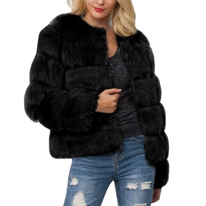 Women's faux fox fur short coat in black with layered texture and stylish round neck design