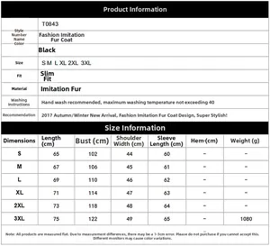 Detailed size guide table for men's black faux fur coat showing S-3XL measurements
