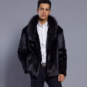 Luxury Men Faux Fur Coat Winter Warm Black Jacket With Large Fur Collar Elegant Casual Business Style Outerwear Top