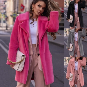 Women Elegant Faux Fur Coat Mid-Length Warm Plush Jacket With Lapel Collar Autumn Winter Commuting Solid Color Outwear