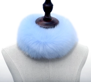 Vue détaillée d'un col en fausse fourrure bleu clair à texture douce sur un mannequin