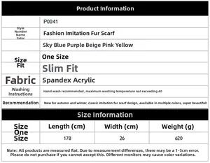 Size chart for faux fur scarf detailing 178cm length and material composition