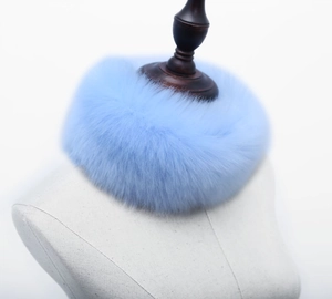 Détail du col en fourrure synthétique bleu clair montrant une texture dense et douce en hiver