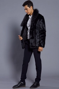 Men's black faux fur coat with oversized shawl collar and elegant textured finish