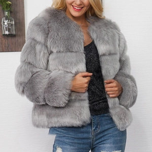Chic women's grey faux fur coat with long sleeves and a plush minimalist round neck style